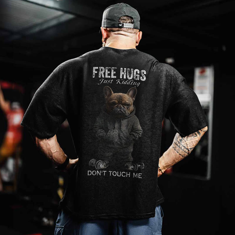 100% Cotton FREE HUGS Gym Print Acid Washed T-shirt - image 2