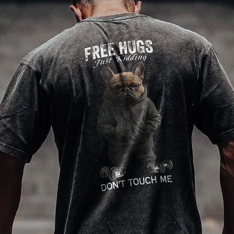 100% Cotton FREE HUGS Gym Print Acid Washed T-shirt - Black - US20-22(3XL) - image 1