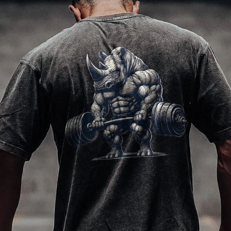 100% Cotton Lifting Strong Rhinoceros Gym Print Acid Washed T-shirt - image 2