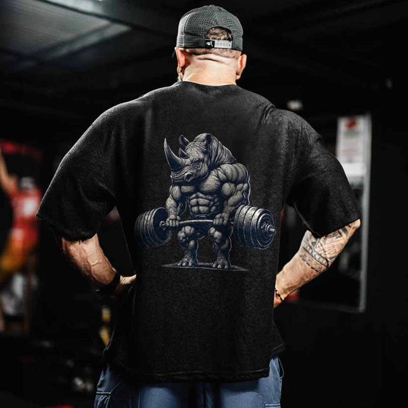 100% Cotton Lifting Strong Rhinoceros Gym Print Acid Washed T-shirt - Black - US20-22(3XL) - image 1