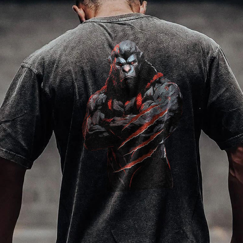 100% Cotton Workout Chimpanzees Gym Print Acid Washed T-shirt - image 2