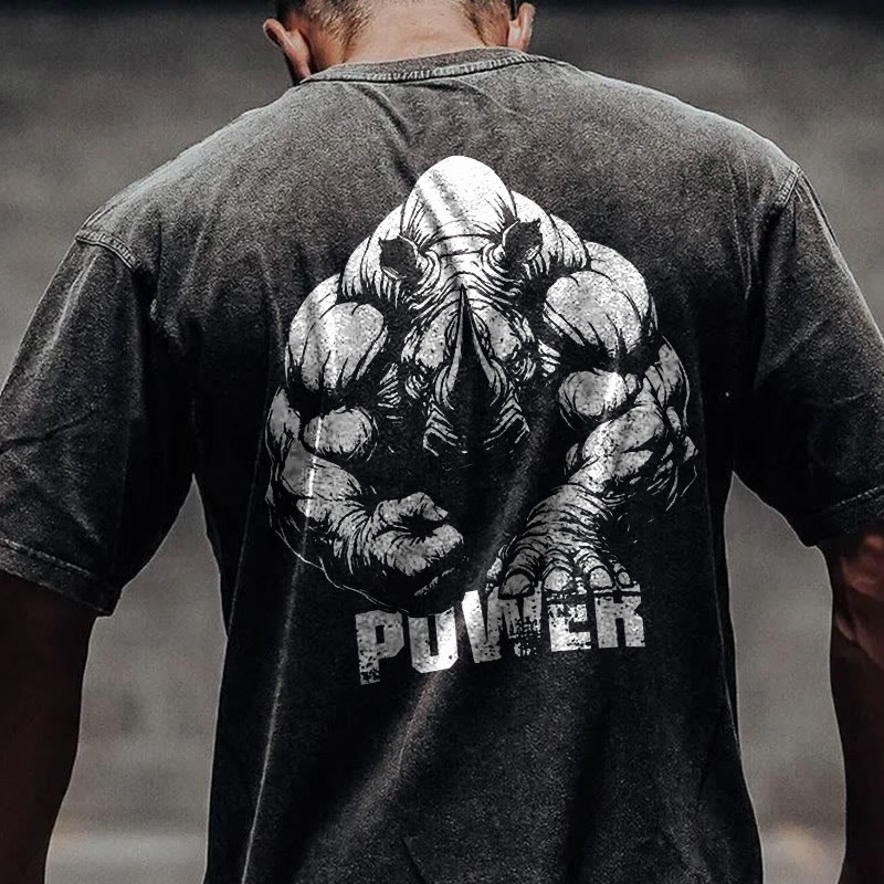 100% Cotton POWER Rhinoceros Gym Print Acid Washed T-shirt - image 2