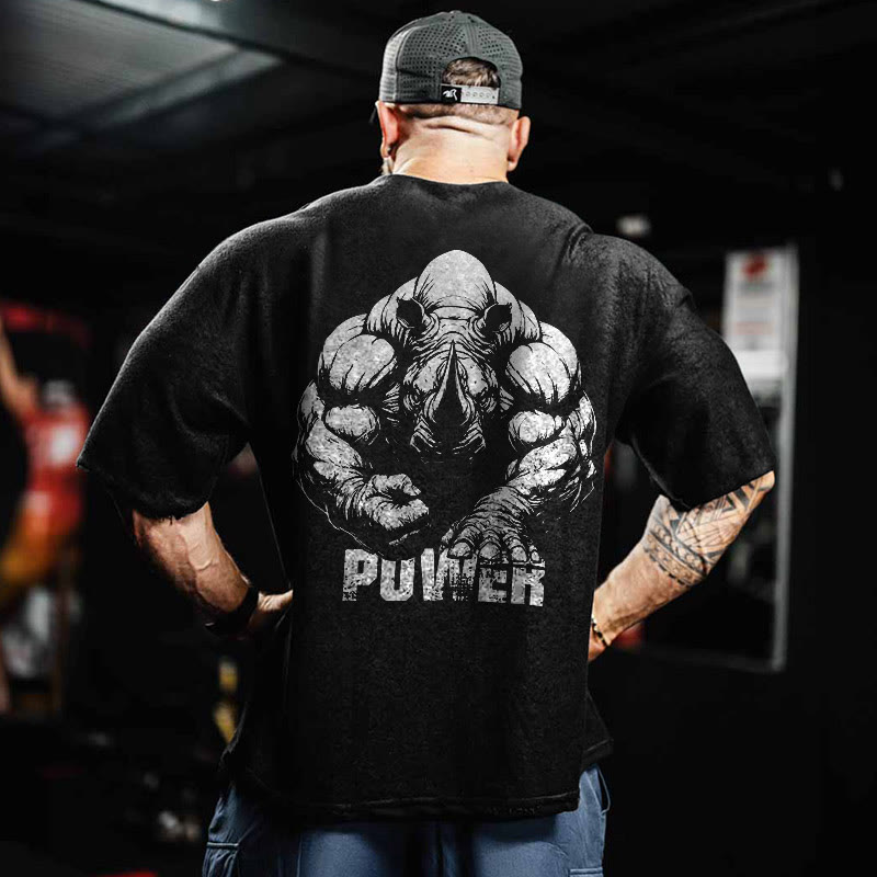100% Cotton POWER Rhinoceros Gym Print Acid Washed T-shirt - Black - US20-22(3XL) - image 1