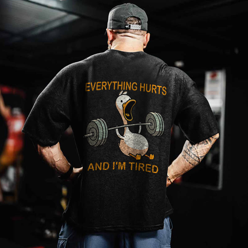 100% Cotton Everything Hurts And I'm Tired Gym Print Acid Washed T-shirt - Black - US20-22(3XL) - image 1