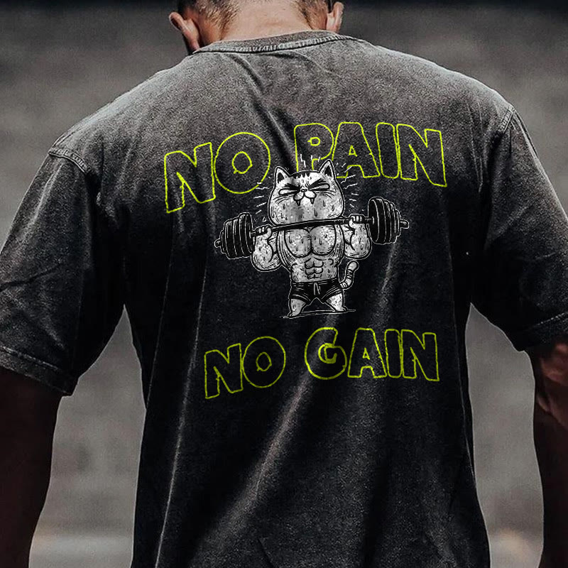 100% Cotton NO PAIN NO GAIN Gym Print Acid Washed T-shirt - image 2