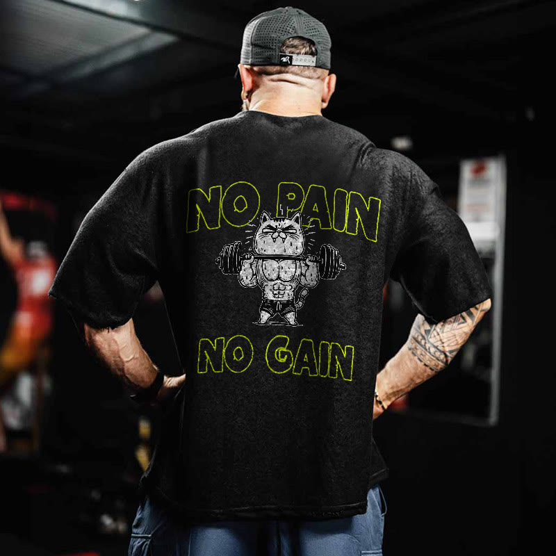 100% Cotton NO PAIN NO GAIN Gym Print Acid Washed T-shirt - Black - US20-22(3XL) - image 1
