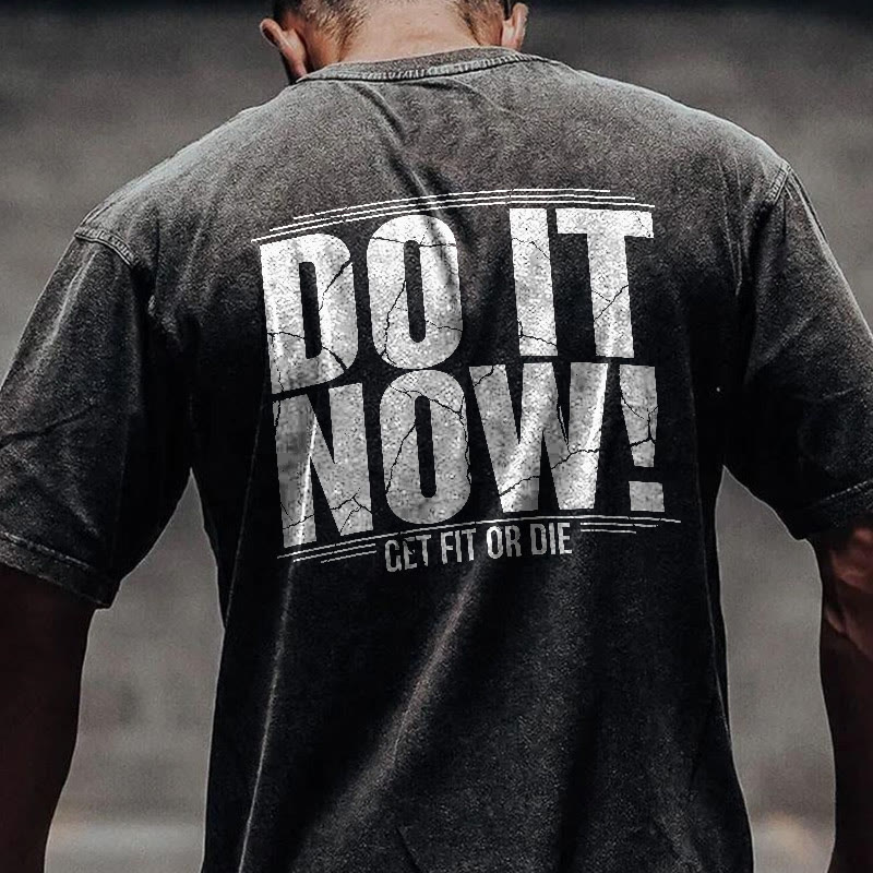 100% Cotton DO IT NOW! Gym Print Acid Washed T-shirt - Black - US20-22(3XL) - image 1