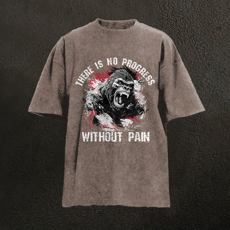 100% Cotton There Is No Progress Without Pain Gym Print Acid Washed T-shirt - Coffee - US20-22(3XL) - image 3