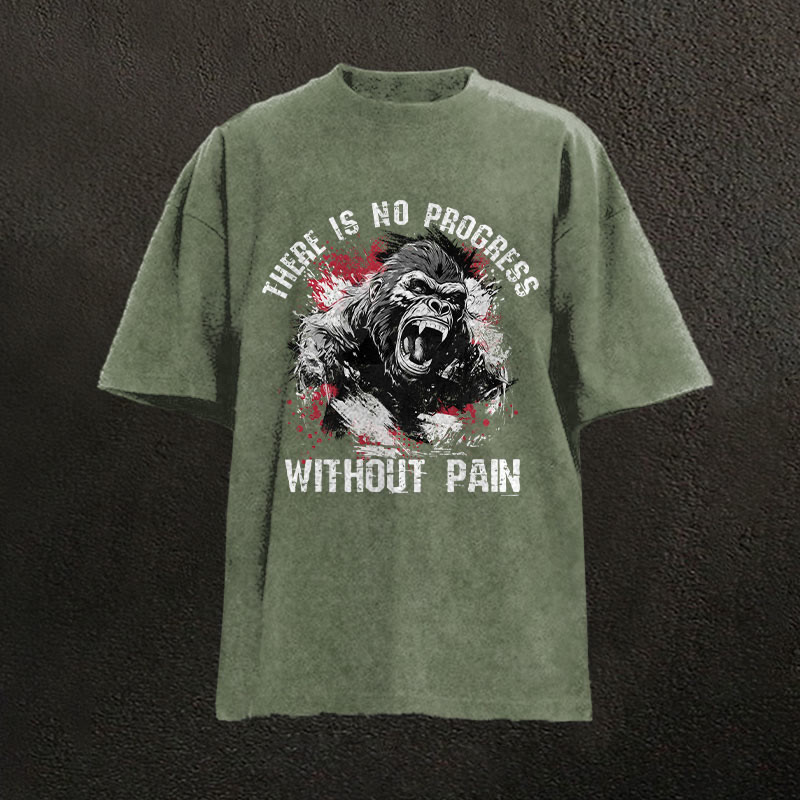 100% Cotton There Is No Progress Without Pain Gym Print Acid Washed T-shirt - Army Green - US20-22(3XL) - image 4