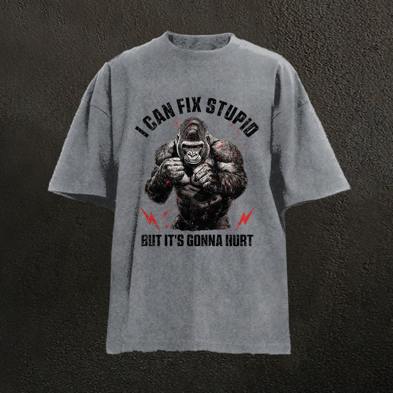 100% Cotton I Can Fix Stupid Gym Print Acid Washed T-shirt - Grey - US20-22(3XL) - image 2