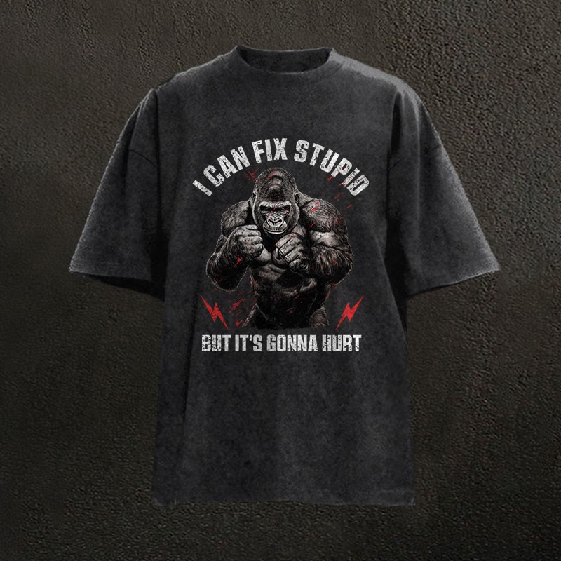 100% Cotton I Can Fix Stupid Gym Print Acid Washed T-shirt - Black - US20-22(3XL) - image 1