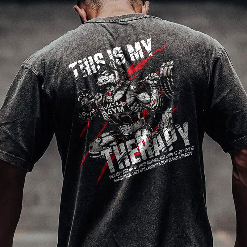 100% Cotton This Is My Therapy Gym Print Acid Washed T-shirt - Black - US20-22(3XL) - image 1