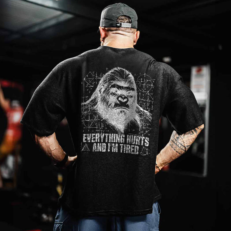 100% Cotton Everything Hurts And I'm Tired Gym Print Acid Washed T-shirt - Black - US20-22(3XL) - image 1