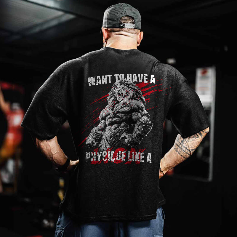 100% Cotton Want To Have A Physique Like Gym Print Acid Washed T-shirt - image 2