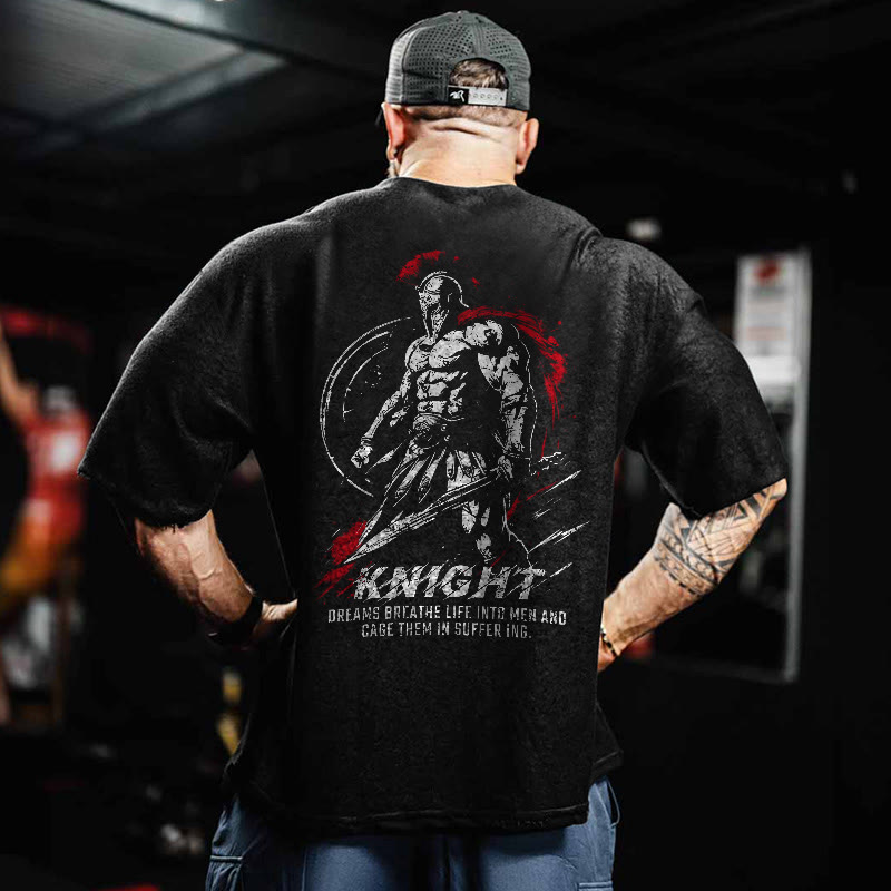 100% Cotton KNIGHT Gym Print Acid Washed T-shirt - Black - US20-22(3XL) - image 1