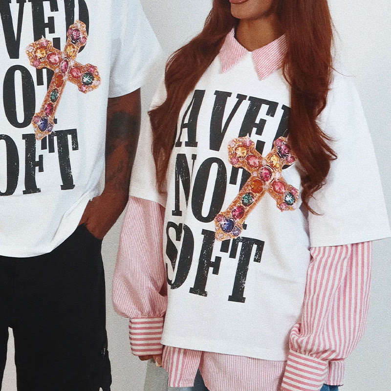 Unisex 100% Cotton Saved Not Soft Gemstone Cross Print T-shirt