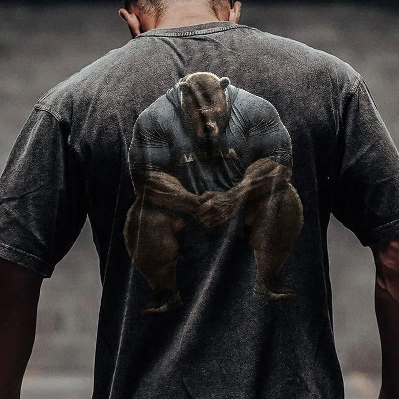 100% Cotton Silent Strong Muscle Bear Gym Print Acid Washed T-shirt - Black - US20-22(3XL) - image 1