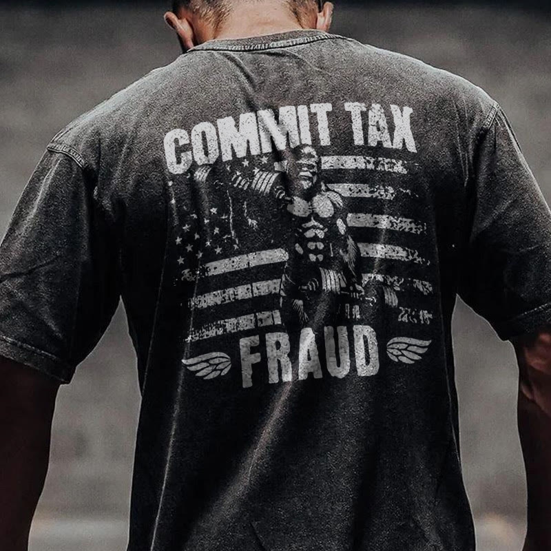 100% Cotton COMMIT TAX FRAUD Gym Print Acid Washed T-shirt - Black - US20-22(3XL) - image 1