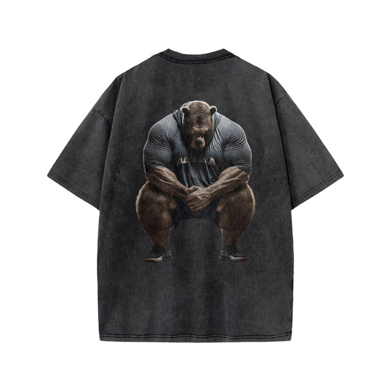 100% Cotton Silent Strong Muscle Bear Gym Print Acid Washed T-shirt - image 3