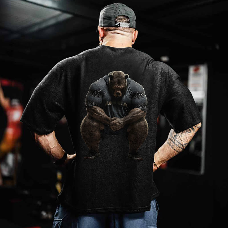 100% Cotton Silent Strong Muscle Bear Gym Print Acid Washed T-shirt - image 2