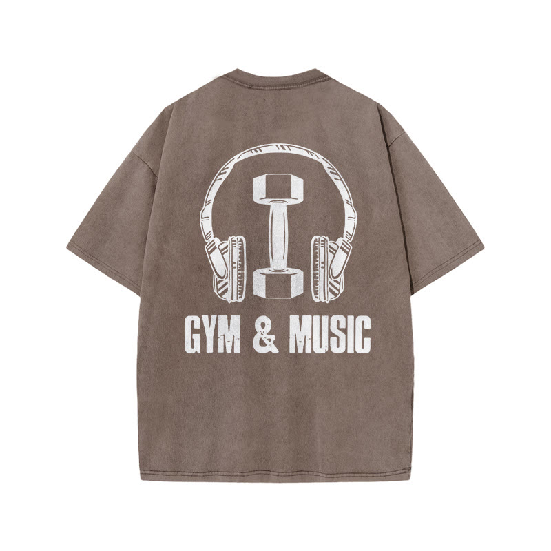 100% Cotton GYM & MUSIC Gym Print Acid Washed T-shirt - Coffee - US20-22(3XL) - image 5