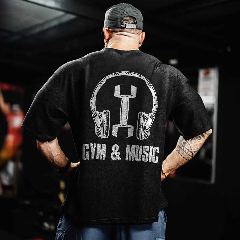100% Cotton GYM & MUSIC Gym Print Acid Washed T-shirt - Black - US20-22(3XL) - image 1