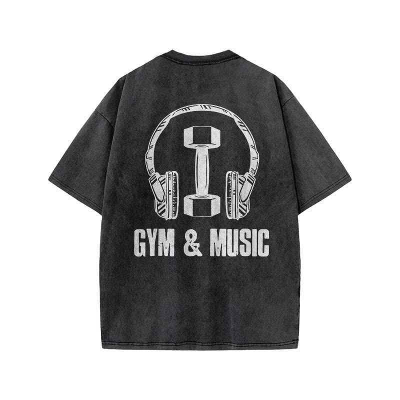 100% Cotton GYM & MUSIC Gym Print Acid Washed T-shirt - image 3