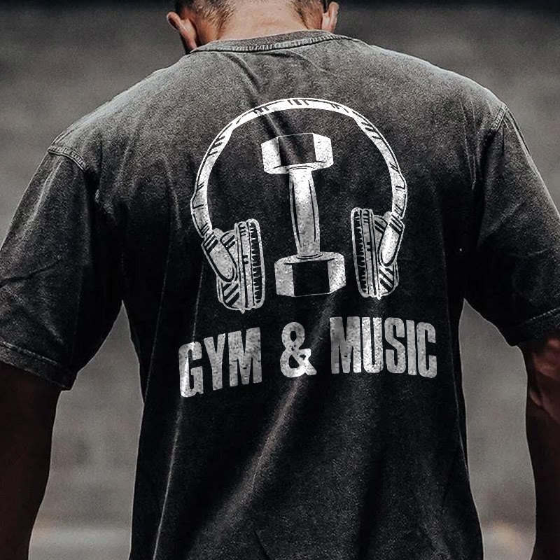 100% Cotton GYM & MUSIC Gym Print Acid Washed T-shirt - image 2