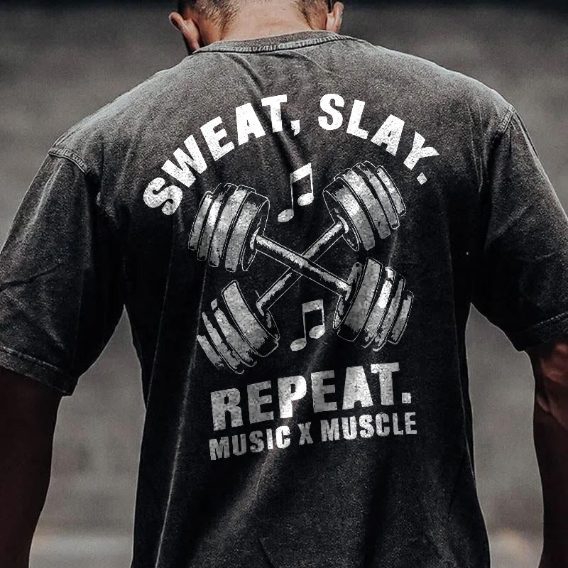 100% Cotton SWEAT SLAY Gym Print Acid Washed T-shirt - Black - US20-22(3XL) - image 1