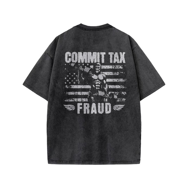 100% Cotton COMMIT TAX FRAUD Gym Print Acid Washed T-shirt - image 3