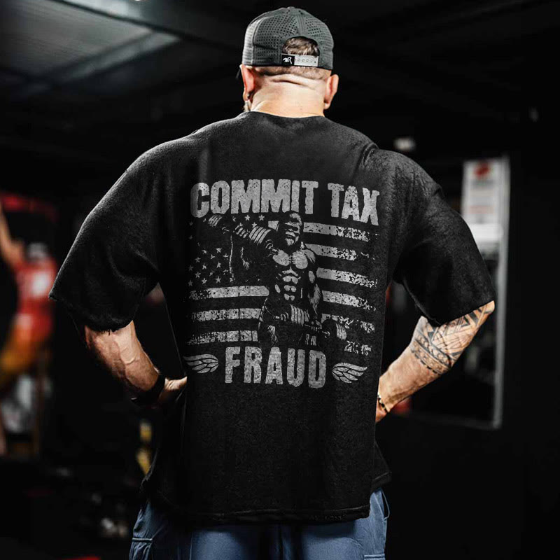 100% Cotton COMMIT TAX FRAUD Gym Print Acid Washed T-shirt - image 2