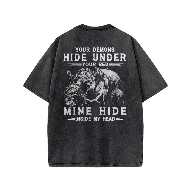 100% Cotton Viking Your Demons Hide Under You Gym Print Acid Washed T-shirt - image 2