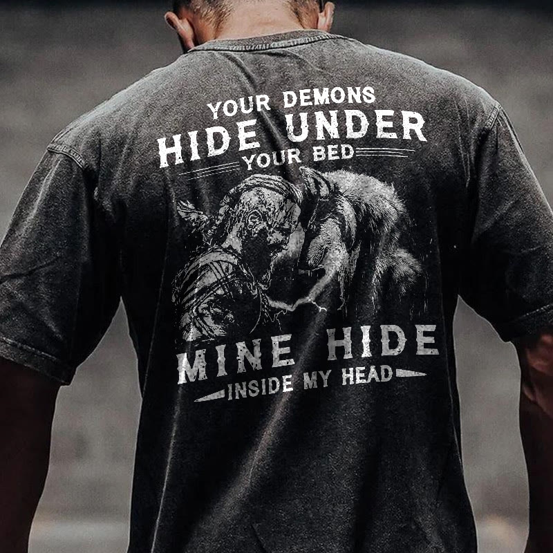 100% Cotton Viking Your Demons Hide Under You Gym Print Acid Washed T-shirt - Black - US20-22(3XL) - image 1