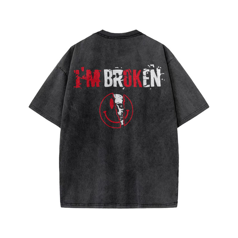 100% Cotto Vintage I'm Broken Skull Gym Print Acid Washed T-shirt - image 2