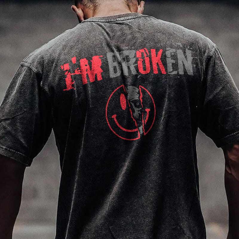 100% Cotto Vintage I'm Broken Skull Gym Print Acid Washed T-shirt - Black - US20-22(3XL) - image 1