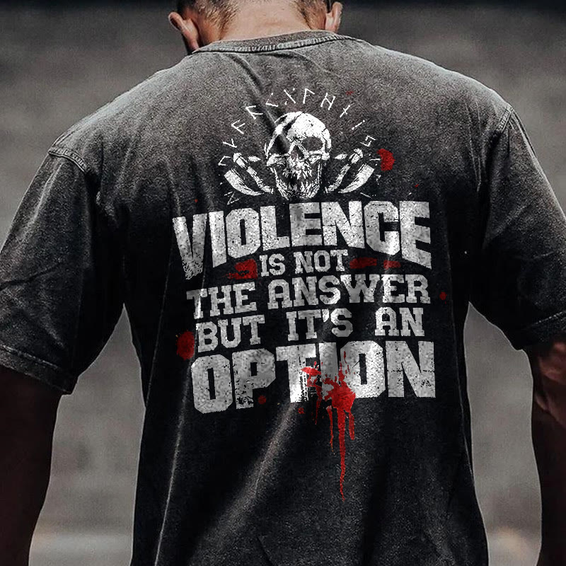 Gym 100% Cotton Vikings Violence Is Not The Answer Print Acid Washed T-shirt - Black - US20-22(3XL) - image 1
