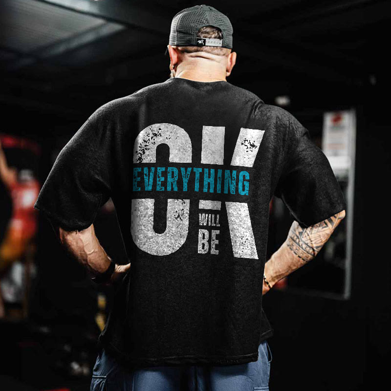 Gym 100% Cotton Everything Will Be OK Print Acid Washed T-shirt - Black - US20-22(3XL) - image 1