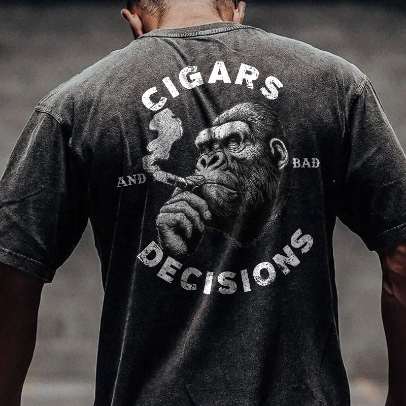 Gym 100% Cotton CIGARS DECISIONS Print Acid Washed T-shirt - image 2