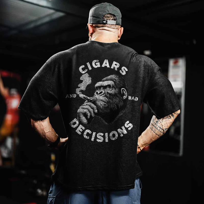 Gym 100% Cotton CIGARS DECISIONS Print Acid Washed T-shirt - Black - US20-22(3XL) - image 1