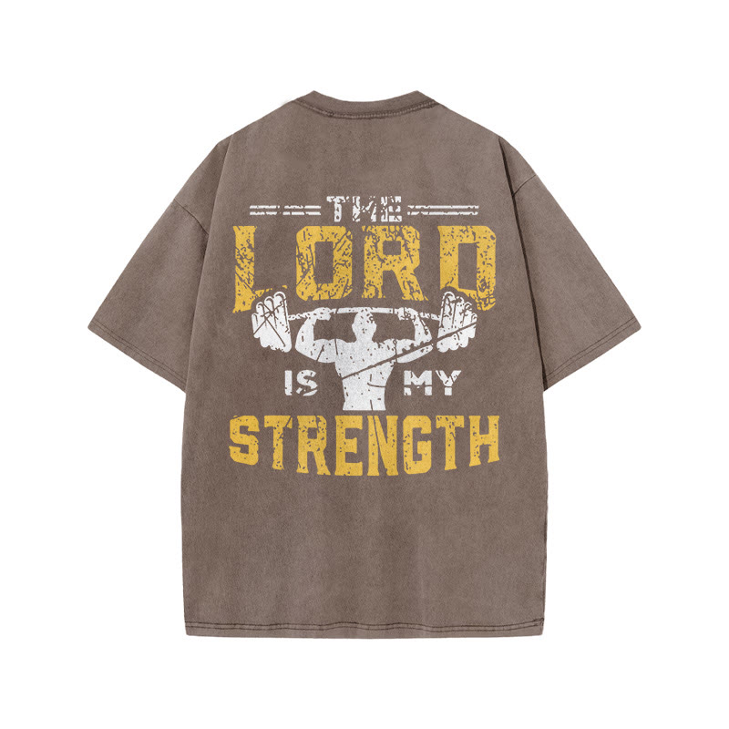 Gym 100% Cotton The Lord Is My Strength Print Acid Washed T-shirt - Coffee - US20-22(3XL) - image 5