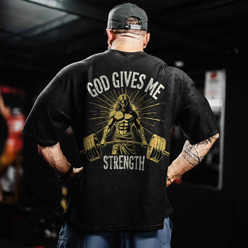Gym 100% Cotton GOD GIVES ME STRENGTH Print Acid Washed T-shirt - image 2