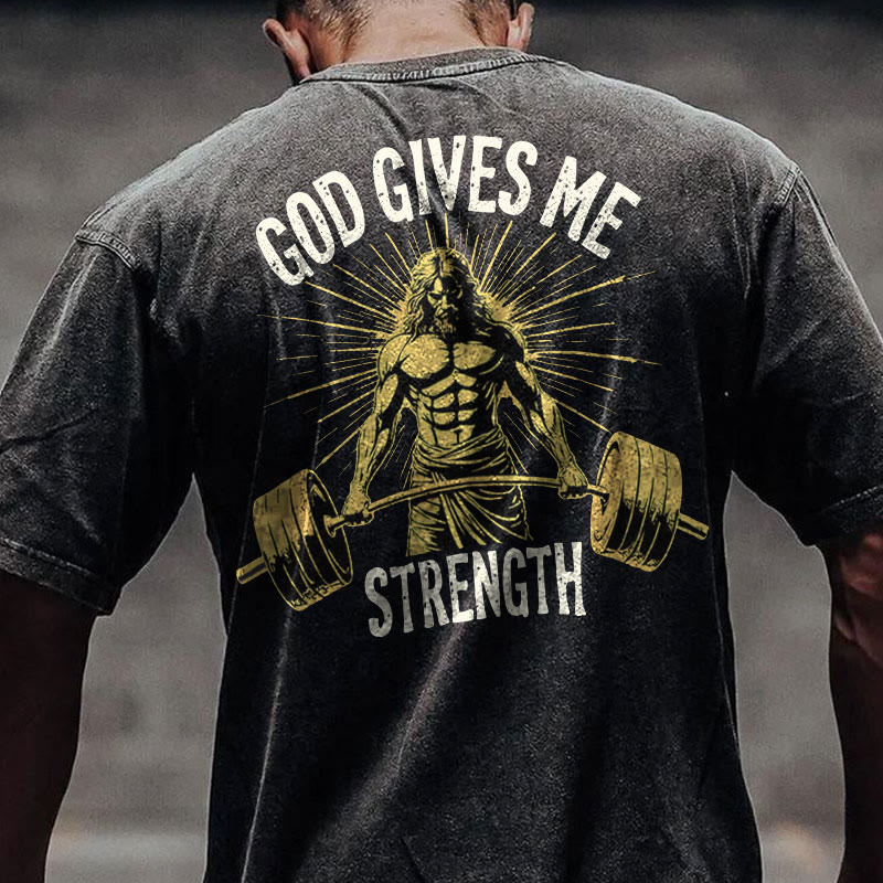 Gym 100% Cotton GOD GIVES ME STRENGTH Print Acid Washed T-shirt - Black - US20-22(3XL) - image 1