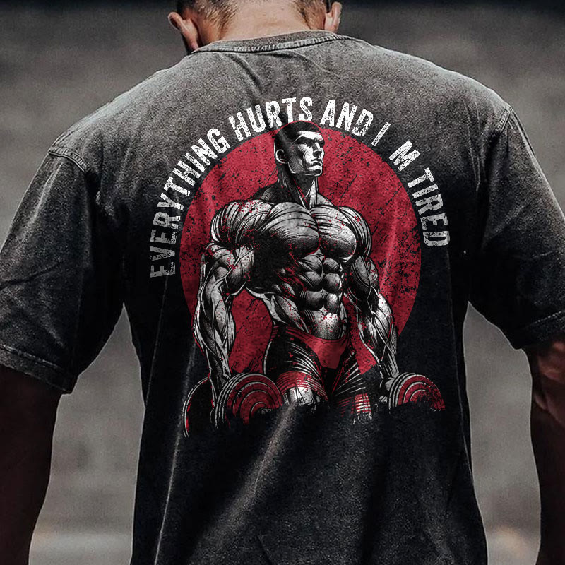 Gym 100% Cotton Everything Hurts And I'm Tired Print Acid Washed T-shirt - Black - US20-22(3XL) - image 1