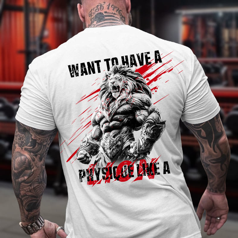 Gym 100% Cotton Want To Have A Physique Like A Lion Print T-shirt - White - US16-18(2XL) - image 3