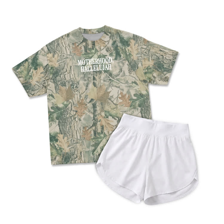 Vintage Camo MOTHERHOOD HALLELUJAH Print T-Shirt & Short Two Piece Set - Green - 2XL - image 3