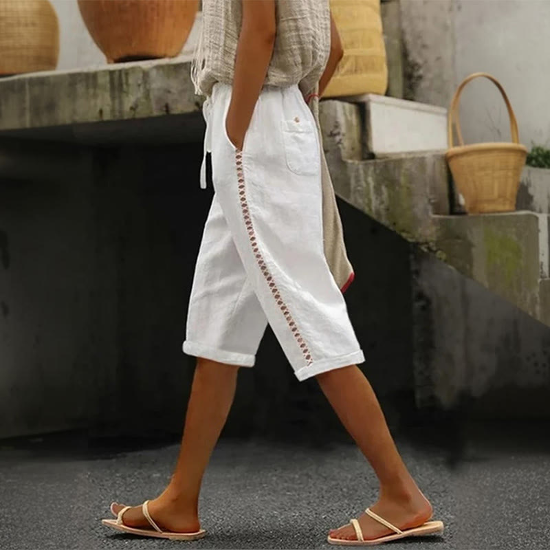 Solid Color Loose Hollow Casual Pants - White - US28-30(5XL) - image 1