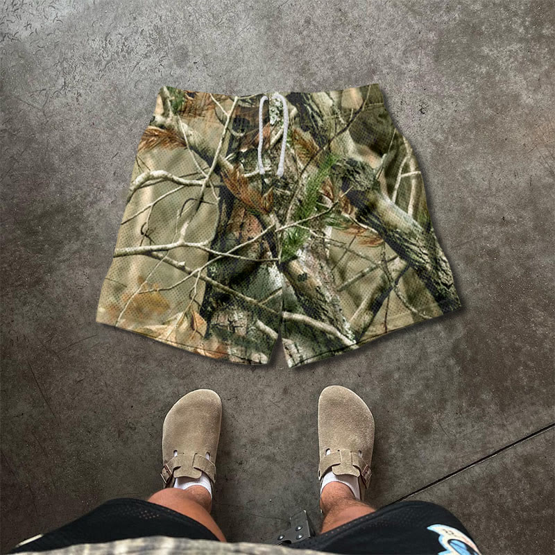 Unisex Dead Leaves Camouflage Print Causal Mesh Shorts