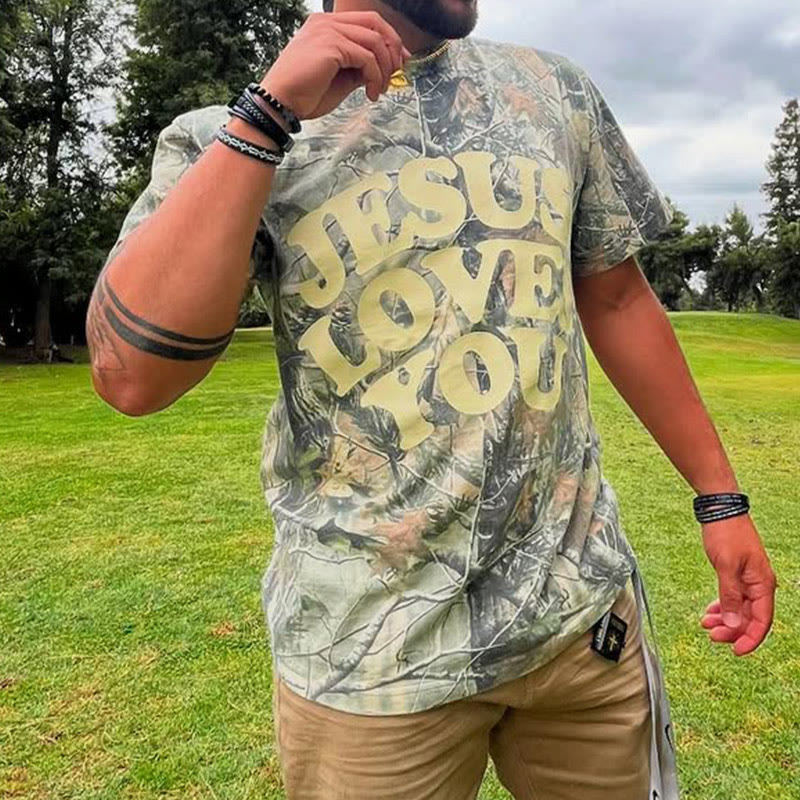 Unisex Jesus Loves You Dead Leaves Camouflage Print T-shirt