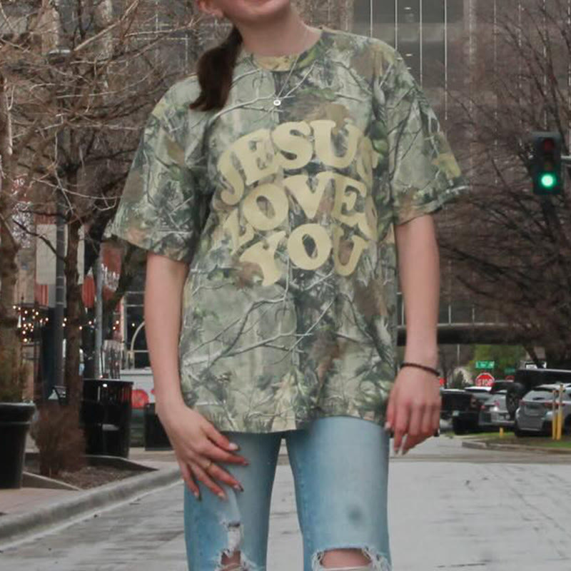 Unisex Jesus Loves You Dead Leaves Camouflage Print T-shirt