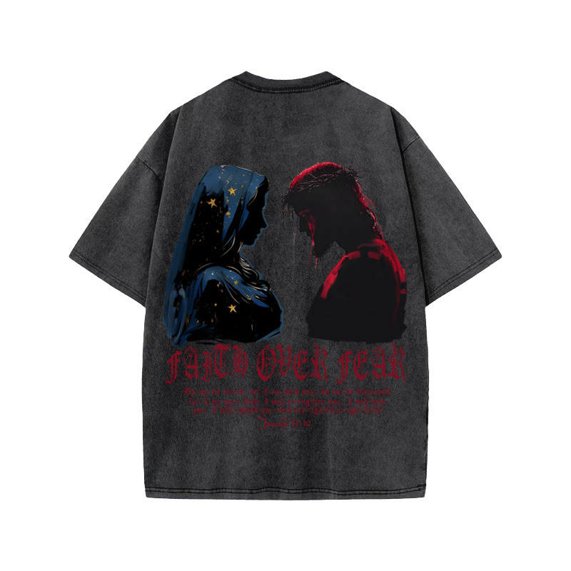 Unisex 100% Cotton FAITH OVER FEAR Print Acid Washed T-shirt